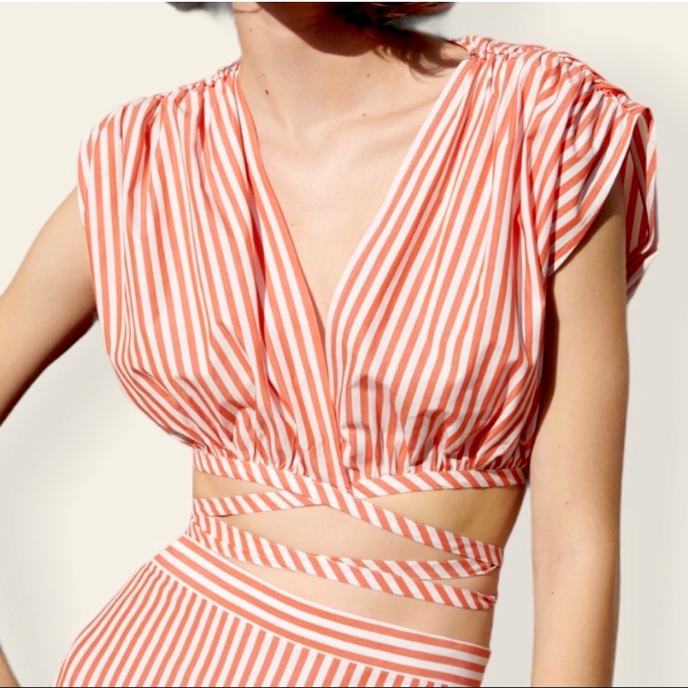 Zara Coral and White Striped Wrap Crop Top